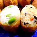 めぇ０５３１'s cooksnap of when they made 味付けいなりあげで☆簡単☆枝豆いなり寿司.
