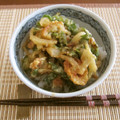 ぽんずー's cooksnap of when they made ちくわと桜えびと三つ葉かき揚げ丼.