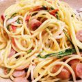 chokobi's cooksnap of when they made 小松菜とウインナーの豆乳クリームパスタ.