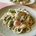 時花菜's cooksnap of when they made スナップえんどうと鮭のパスタ.