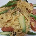 nyan125's cooksnap of when they made アスパラとソーセージのマヨ玉カルボ風スパ.