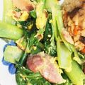 MomiChami's cooksnap of when they made 簡単一番☆小松菜とベーコンの卵炒め.