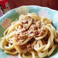nanacoドロップ's cooksnap of when they made 赤味噌香る、舞茸と挽き肉の絶品おうどん。.