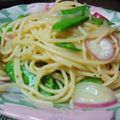 hirotyaa's cooksnap of when they made 絹さやのペペロンチーノパスタ.