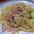 めぬまる's cooksnap of when they made 【約460Kcal】空豆と生ハムのパスタ.