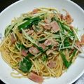 yoshitatsu's cooksnap of when they made 水菜とベーコンのヘルシー和風パスタ.