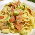 rarararako's cooksnap of when they made スモークサーモンとアボカドの冷製パスタ.