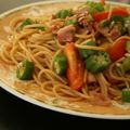 namihgo's cooksnap of when they made オクラとトマトとベーコンのスパゲッティ.