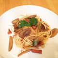 すーのカフェ's cooksnap of when they made 甘辛鶏とごぼう、三つ葉のスパゲティ.