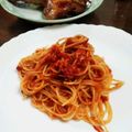 momoco's cooksnap of when they made 簡単刻みベーコンのトマトソーススパゲティ.