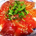 taku☆momo☆'s cooksnap of when they made 特製漬けたれ♪サーモンマグロのユッケ丼.