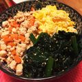 akneko☆'s cooksnap of when they made ３色ご飯(鶏そぼろ・卵・ほうれん草).