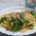 鬼姫たん's cooksnap of when they made イカの塩辛とアスパラの生クリームパスタ♡.