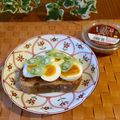 Susie845's cooksnap of when they made 厚切り長ネギゆで卵金山寺味噌マヨトースト.