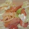 east blue's cooksnap of when they made キャベツとソーセージのぴり辛パスタ.