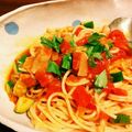 （笑）'s cooksnap of when they made トマトと豆のスパイシー冷製パスタ.
