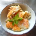 紫君子蘭's cooksnap of when they made エビ寄せフライのボリューム卵とじ重.