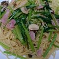 コマアキ's cooksnap of when they made ベーコンと茸とほうれん草のペペロンチーノ.