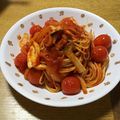 単刀直入's cooksnap of when they made ベーコンときのこのダブルトマトパスタ.