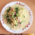えすあきら's cooksnap of when they made 小松菜＊しめじ＊ベーコンの豆乳パスタ.