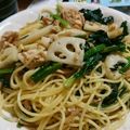 クックDQLW2X☆'s cooksnap of when they made なめ茸で！蓮根と法蓮草の和風ツナパスタ.