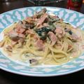 chatamico's cooksnap of when they made 鮭、しめじ、ほうれん草のクリーム パスタ.