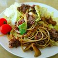 wooperk's cooksnap of when they made 韓国風。牛肉とザーサイの辛味パスタ.