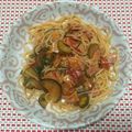 リラックマ君ママ♡'s cooksnap of when they made 茄子と厚切りベーコンのトマトソースパスタ.