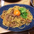 ここあっちゃん's cooksnap of when they made 簡単炒めるだけ！牛肉と長ネギの温玉パスタ.