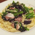クック2ZMQKF☆'s cooksnap of when they made 春菊と鯖水煮缶の生姜風味パスタ.