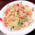 くじらがーる's cooksnap of when they made 鶏とアボカドとトマトとチーズのパスタ.