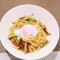 はんな氏's cooksnap of when they made ベーコンとアスパラのパスタ 温玉のせ.
