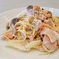 イエローバード's cooksnap of when they made 鮭とベーコンしめじのクリームパスタ.