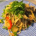 chibijuju's cooksnap of when they made なすと豚肉のゴママヨパスタ.