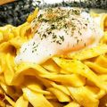 yukky☆mama's cooksnap of when they made 新玉ねぎとベーコンのクリームパスタ+温卵.