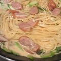 han３'s cooksnap of when they made アスパラとソーセージのマヨ玉カルボ風スパ.