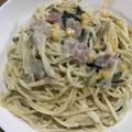 ゆずぴん☆'s cooksnap of when they made ほうれん草ベーコンきのこクリームパスタ.
