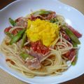 みにまめ's cooksnap of when they made アスパラとトマトのふわふわ卵パスタ.