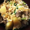 BuuuRinTai's cooksnap of when they made 葱じゃが豚玉丼☆蕎麦処風.