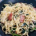yuuuuukoko's cooksnap of when they made ほうれん草とベーコンとしめじのパスタ☆.