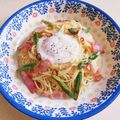 ほろぴ's cooksnap of when they made ベーコンとアスパラのパスタ 温玉のせ.