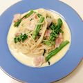 コスモとフライパン's cooksnap of when they made 菜の花とベーコンのクリームパスタ.