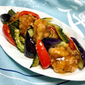 お料理ニャロメ's cooksnap of when they made 鶏唐揚とゴーヤ・茄子の素揚げ甘酢餡掛け.