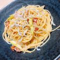 ましゅまろ○°'s cooksnap of when they made しらすとアスパラとベーコンの春色パスタ☆.