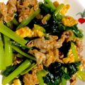 まこパパ's cooksnap of when they made 小松菜と卵の豚肉炒め ピリ辛Ver..