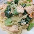 こつこつつくる's cooksnap of when they made 鮭とほうれんそうの豆乳パスタ★.