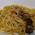 もののぷ's cooksnap of when they made アヒージョの残り汁でベーコン椎茸パスタ.