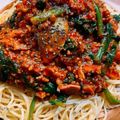 ランエボ５'s cooksnap of when they made 挽き肉とほうれん草のトマトソースパスタ.