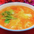 ✽チョコⅠＨ✽'s cooksnap of when they made 市販ワンタンと青梗菜のピリ辛キムチスープ.