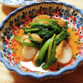 ジュスカ's cooksnap of when they made ＊蒸し帆立＆ちぢみ法蓮草の煮びたし.